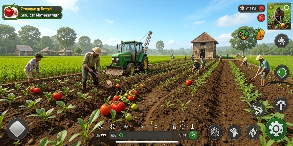 Tangkapan layar gameplay AN777 menampilkan kebun yang subur dan aktif.