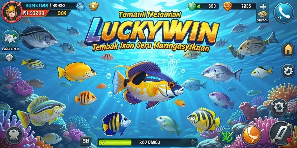 Tampilan gameplay <strong>LUCKYWIN</strong> saat menembak ikan yang berwarna-warni.